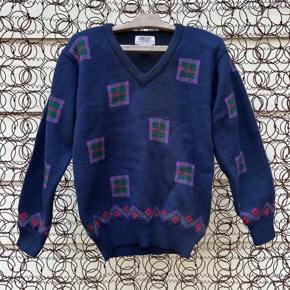 Vintage Skyr wool navy blue Art Deco geometric sweater - Picture 1 of 4